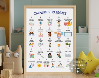 Calming Strategies Poster Calm Down Corner Sign School Counselor Wall Art Office Decor for Preschooler Kids Kit Toddler Classroom Printable