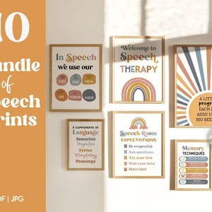 10 Speech Therapy Decor SLP Office Boho Therapist Wall Art Room Expectations Rules Poster Sign Speech Language Pathology Decorations Bundle