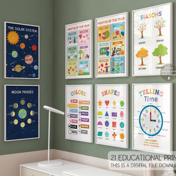 21 Vorschul-Bildungspaket-Poster-Set, Spielzimmer-Regeln, Schild, Kindergarten, Klassenzimmer, Dekorationen, Dekor, Montessori, Sonnensystem, Kleinkinder