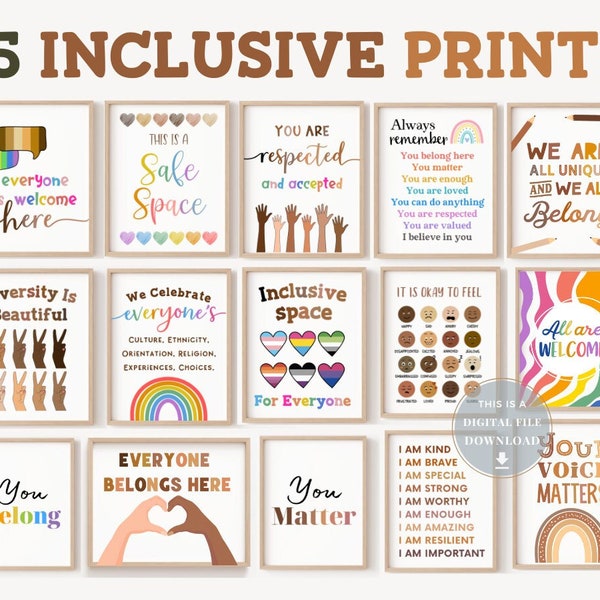 15 Inclusive Classroom Decor Posters School Counselor Office Decor Inclusion Wall Art Sign Social Worker Equality Safe Space LGBTQ Diversity