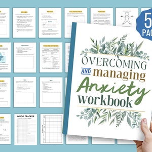 May include: A 50-page workbook titled "Overcoming and Managing Anxiety Workbook" with a green leafy design and gold lettering. The workbook is designed to help people manage anxiety.
