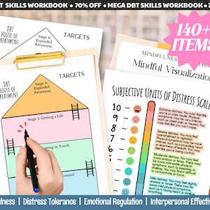 Puede incluir: Un libro de trabajo imprimible con m&aacute;s de 140 elementos para aprender habilidades de DBT. El libro de trabajo incluye una escala de tolerancia a la angustia, un diagrama de la casa de tratamiento de DBT y una secci&oacute;n de visualizaci&oacute;n consciente. El libro de trabajo est&aacute; dise&ntilde;ado para ayudar a las personas a aprender a controlar sus emociones, hacer frente al estr&eacute;s y mejorar sus relaciones.