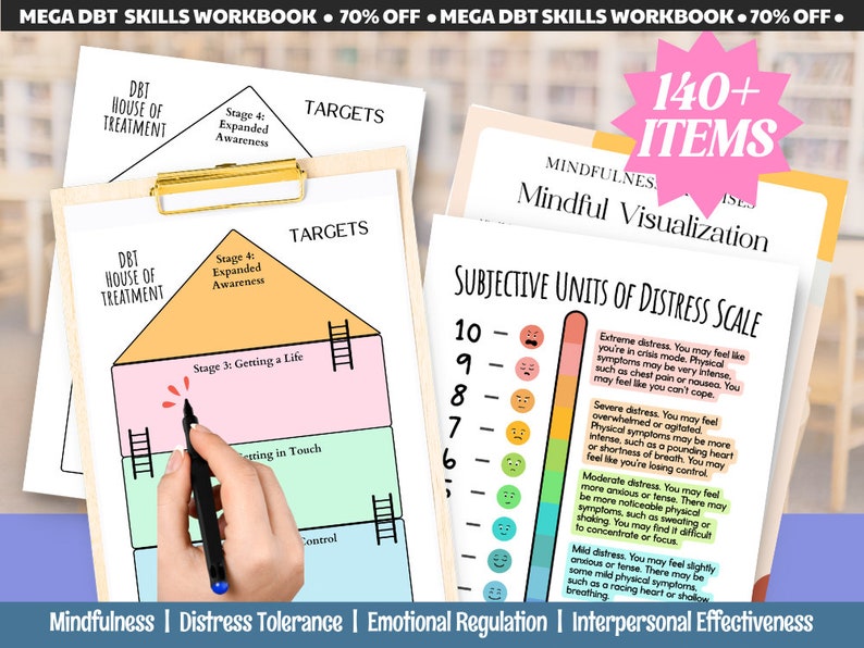 Puede incluir: Un libro de trabajo imprimible con m&aacute;s de 140 elementos para aprender habilidades de DBT. El libro de trabajo incluye una escala de tolerancia a la angustia, un diagrama de la casa de tratamiento de DBT y una secci&oacute;n de visualizaci&oacute;n consciente. El libro de trabajo est&aacute; dise&ntilde;ado para ayudar a las personas a aprender a controlar sus emociones, hacer frente al estr&eacute;s y mejorar sus relaciones.