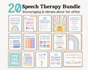 May include: A set of 20 colorful printable posters for speech therapy. The posters feature rainbows, hearts, and other fun illustrations. The posters include phrases like "Welcome to Speech Therapy", "Testing in Progress Please Do Not Disturb", "Speech Room Expectations", "A Little Progress Each Day Adds Up to Big Results", "5 Components of Language", "Speech Sound Development Chart", "Pronoun Chart", "In Speech We Use Our Eyes, Ears, Lips, Tongue, Voice", "Home Sweet Speech Room", "You Got This", "Memory Techniques", "Grow at Your Own Pace", "Mistakes Are Proof That You Are Trying", and "All Modes of Communication Are Welcomed".