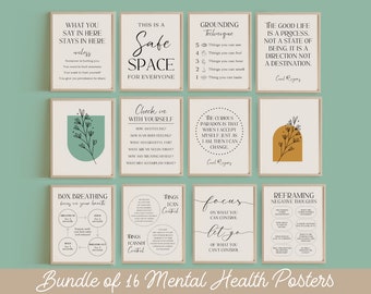 16 Boho Therapy Office Decor Signs Set Mental Health Posters School Counseling Art Wall Psychology Printable of Therapist Door Gifts Bundle