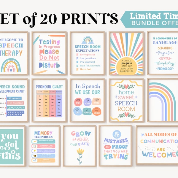 20 Speech Therapy Room Posters SLP Decor Language Pathologist Prints Art Therapist Classroom Wall Gifts Sign Office Resources Kids Printable