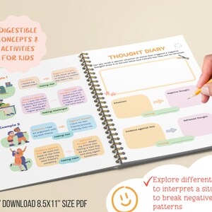 May include: A printable thought diary for kids with a smiling face and the text "Explore different ways to interpret a situation to break negative thought patterns". The diary has a section for a situation, negative thought, evidence against this, reframed thought, and feeling.