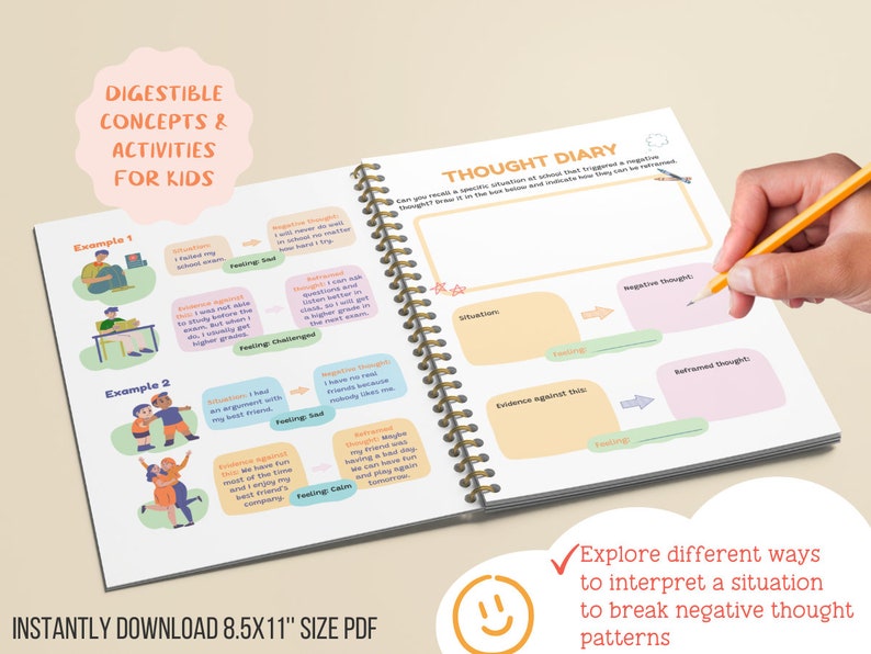 May include: A printable thought diary for kids with a smiling face and the text "Explore different ways to interpret a situation to break negative thought patterns". The diary has a section for a situation, negative thought, evidence against this, reframed thought, and feeling.