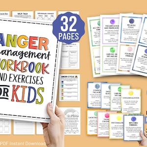 May include: A workbook and flashcards for kids to help manage anger. The workbook has 32 pages and the flashcards have 25 cognitive distortion cards. The workbook cover is white with colorful text that says "Anger Management Workbook and Exercises for Kids". The flashcards are colorful and have text describing different cognitive distortions.