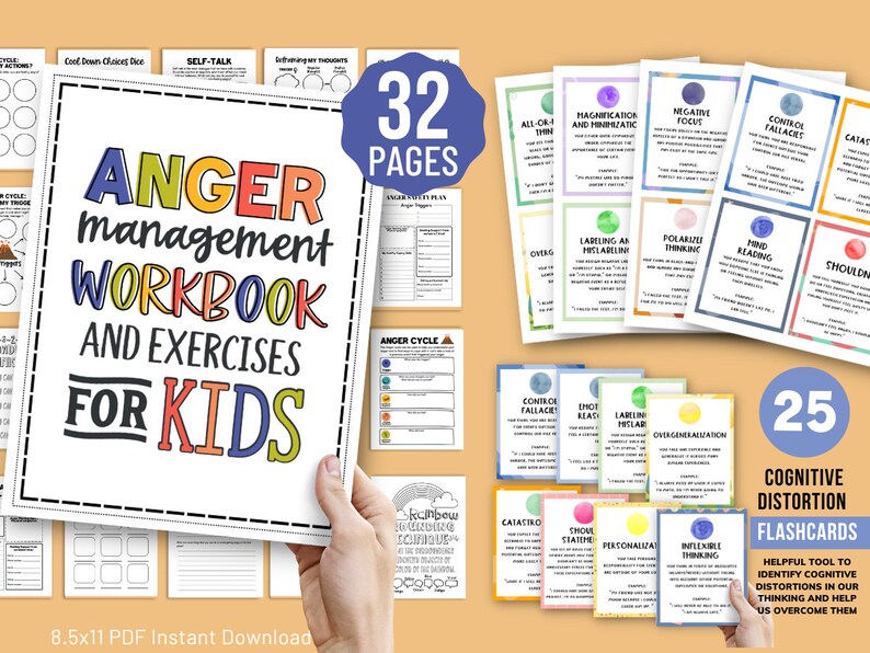 May include: A workbook and flashcards for kids to help manage anger. The workbook has 32 pages and the flashcards have 25 cognitive distortion cards. The workbook cover is white with colorful text that says "Anger Management Workbook and Exercises for Kids". The flashcards are colorful and have text describing different cognitive distortions.