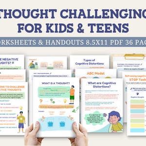 Sfidare i pensieri negativi Foglio di lavoro Bambini Ansia Distorsioni cognitive per bambini Adolescenti Libro di esercizi Terapia Stili di pensiero inutili
