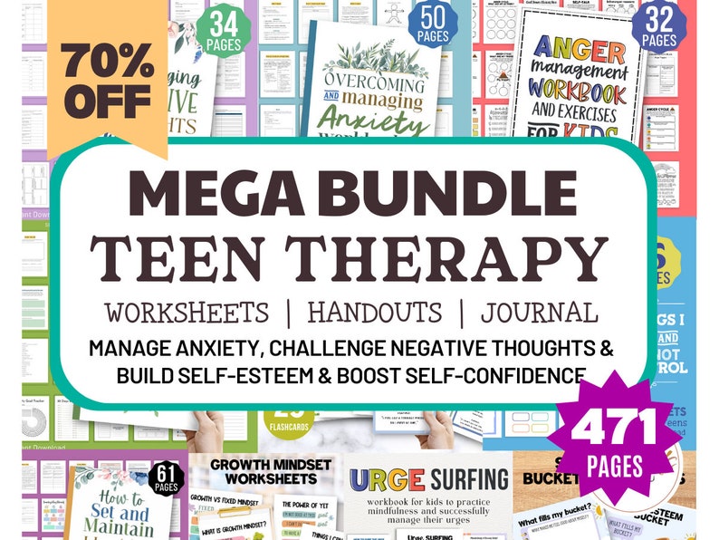 May include: A collage of colorful worksheets and journals for teen therapy. The title "MEGA BUNDLE TEEN THERAPY" is in large, bold letters. The text "WORKSHEETS | HANDOUTS | JOURNAL" is below the title. The text "MANAGE ANXIETY, CHALLENGE NEGATIVE THOUGHTS & BUILD SELF-ESTEEM & BOOST SELF-CONFIDENCE" is below the text "WORKSHEETS | HANDOUTS | JOURNAL". The text "471 PAGES" is in a large, pink star shape. The image includes a variety of topics, including managing anxiety, overcoming anxiety, anger management, growth mindset, and urge surfing.