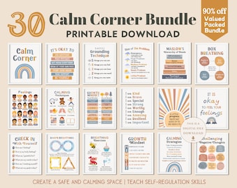 30 Calming Corner Classroom Boho Calm Down Printable Decor Wall Art Social Emotional Self Regulation Poster Sign Feelings Chart Bundle Print