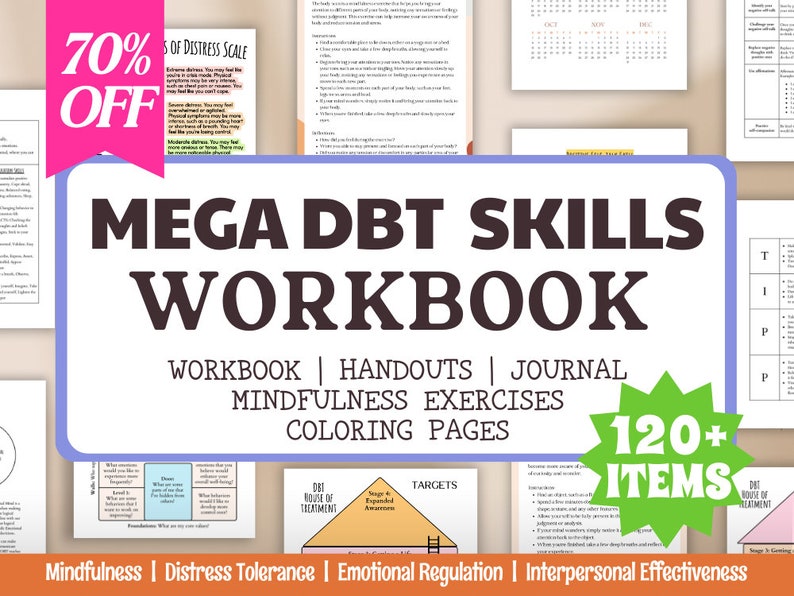 Puede incluir: Una descarga digital para un libro de trabajo de habilidades DBT con m&aacute;s de 120 elementos. El libro de trabajo incluye folletos, un diario, ejercicios de atenci&oacute;n plena y p&aacute;ginas para colorear. La portada presenta una estrella verde con el texto "120+ ART&Iacute;CULOS" y las palabras "Atenci&oacute;n plena | Tolerancia a la angustia | Regulaci&oacute;n emocional | Efectividad interpersonal".