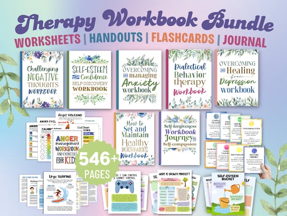 546 Therapy Worksheet Bundle Mental Health Workbook Trauma DBT Social Worker Counseling Activities Self Worth Esteem Boundaries Skills