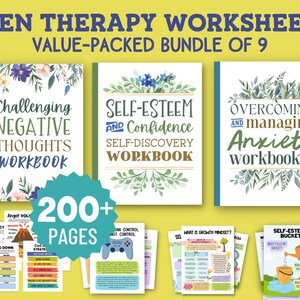 May include: A bundle of nine teen therapy workbooks with a teal green circle that says "200+ pages". The workbooks have floral designs and titles such as "Challenging Negative Thoughts Workbook", "Self-Esteem and Confidence Self-Discovery Workbook", and "Overcoming and Managing Anxiety Workbook".
