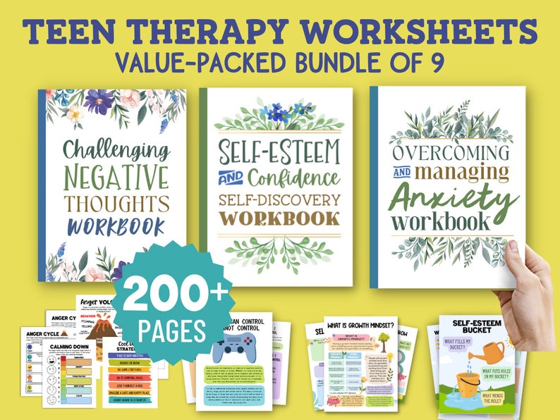 May include: A bundle of nine teen therapy workbooks with a teal green circle that says "200+ pages". The workbooks have floral designs and titles such as "Challenging Negative Thoughts Workbook", "Self-Esteem and Confidence Self-Discovery Workbook", and "Overcoming and Managing Anxiety Workbook".