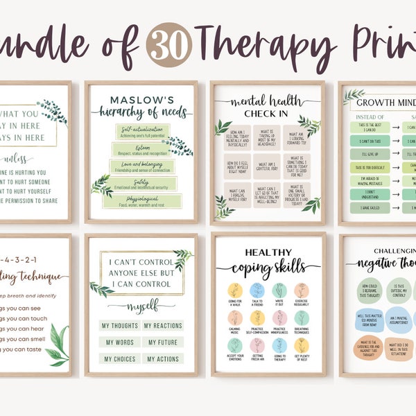 30 Therapist Office Decor School Counselor Posters Social Worker Therapy Wall Art Prints Counseling Bundle Mental Health Sign Psychology CBT
