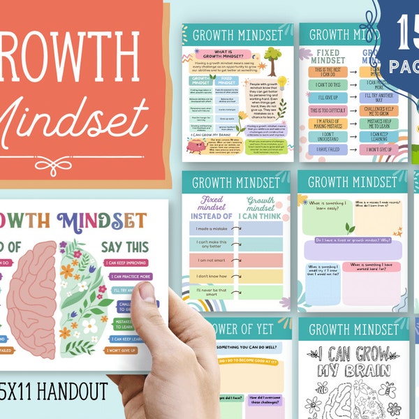 Growth Mindset Worksheets Poster Therapy Resources Counselling Office Decor Anxiety Kids Self-esteem Confidence Psychology Tool Classroom