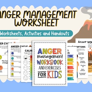 May include: A collection of colorful worksheets and handouts for anger management, designed for kids. The title "Anger Management Worksheet" is displayed prominently, along with the words "Worksheets, Activities and Handouts". The image includes diagrams and exercises.