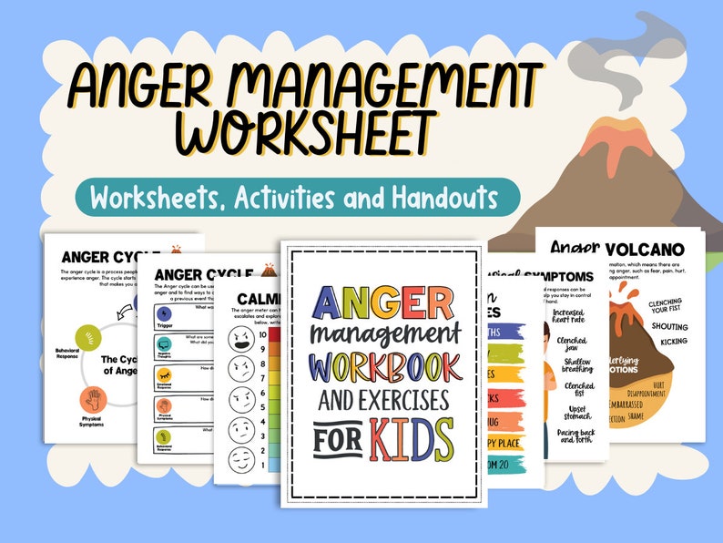 May include: A collection of colorful worksheets and handouts for anger management, designed for kids. The title "Anger Management Worksheet" is displayed prominently, along with the words "Worksheets, Activities and Handouts". The image includes diagrams and exercises.