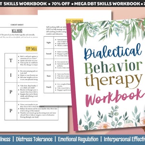 Puede incluir: Un libro de trabajo rosa y verde con el t&iacute;tulo "Dialectical Behavior Therapy Workbook" y un dise&ntilde;o floral. El texto "Mindfulness | Distress Tolerance | Emotional Regulation | Interpersonal Effectiveness" est&aacute; en la parte inferior de la portada.
