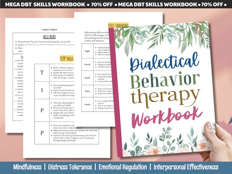 Puede incluir: Un libro de trabajo rosa y verde con el t&iacute;tulo "Dialectical Behavior Therapy Workbook" y un dise&ntilde;o floral. El texto "Mindfulness | Distress Tolerance | Emotional Regulation | Interpersonal Effectiveness" est&aacute; en la parte inferior de la portada.