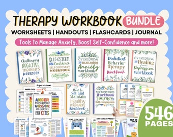 May include: A bundle of therapy workbooks with colorful floral covers. The workbooks cover topics such as challenging negative thoughts, self-esteem, overcoming anxiety, dialectical behavior therapy, and overcoming and healing from depression. The bundle includes 546 pages.