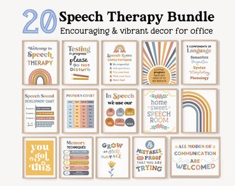 May include: A collection of 20 framed prints for a speech therapy office. The prints feature encouraging messages, rainbow and sun designs, and educational charts. The color palette includes beige, blue, yellow, and orange.