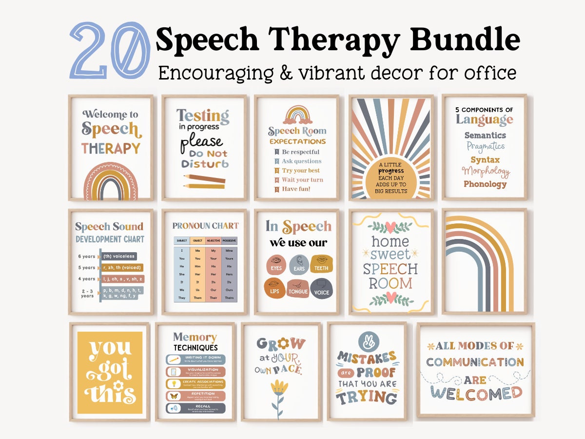 20 Speech Therapie Decor SLP Büro Boho Therapeut Wandkunst Raum Erwartungen Regeln Poster Gebärdensprache Pathologie Dekorationen Bundle