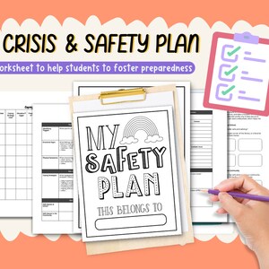 May include: A collection of worksheets titled "Crisis & Safety Plan" designed to help students with preparedness. The main worksheet features the text "My Safety Plan" with a rainbow graphic. A hand holds a purple pencil, ready to fill out the forms.