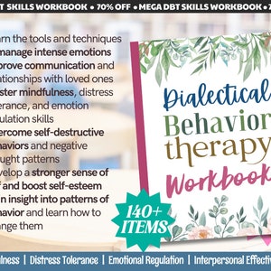 Puede incluir: Un cuaderno de trabajo rosa y verde con el t&iacute;tulo "Dialectical Behavior Therapy Workbook" y el texto "140+ ITEMS" en una estrella turquesa. La portada del cuaderno de trabajo presenta un dise&ntilde;o floral de acuarela con flores rosas y hojas verdes. El texto "Mindfulness | Distress Tolerance | Emotional Regulation | Interpersonal Effectiveness" est&aacute; en la parte inferior de la portada.
