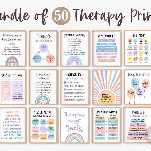 50 School Counseling Posters Counselor Office Decor Psychologist Therapist Mental Health Bundle Therapy Wall Art Set Signs Door Gifts CBT
