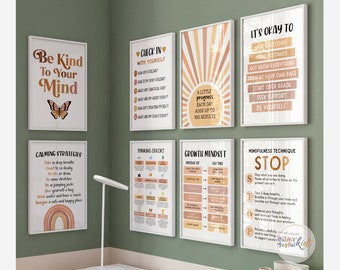 May include: Set of eight printable wall art posters with motivational quotes and illustrations in a boho style with peach, brown, and white colors. The posters include quotes like "Be Kind to Your Mind", "Check In With Yourself", "A Little Progress Each Day Adds Up to Big Results", "It's Okay To", "Calming Strategies", "Thinking Errors", "Growth Mindset", and "Mindfulness Technique Stop".