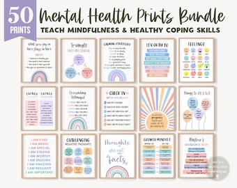 May include: A set of 50 printable posters with rainbow designs and text related to mental health, mindfulness, and coping skills. The posters include phrases like "What you say in here stays in here", "Triangle Deep Breathing", "Calming Strategies", "It's Okay To", "Feelings", "Things Things", "Grounding Techniques", "Check In With Yourself", "A Little Progress Each Day Adds Up To Big Results", "Things To Release", "I Am Kind", "Challenging Negative Thoughts", "Thoughts Are Not Facts", "Growth Mindset", and "Maslow's Hierarchy of Needs".