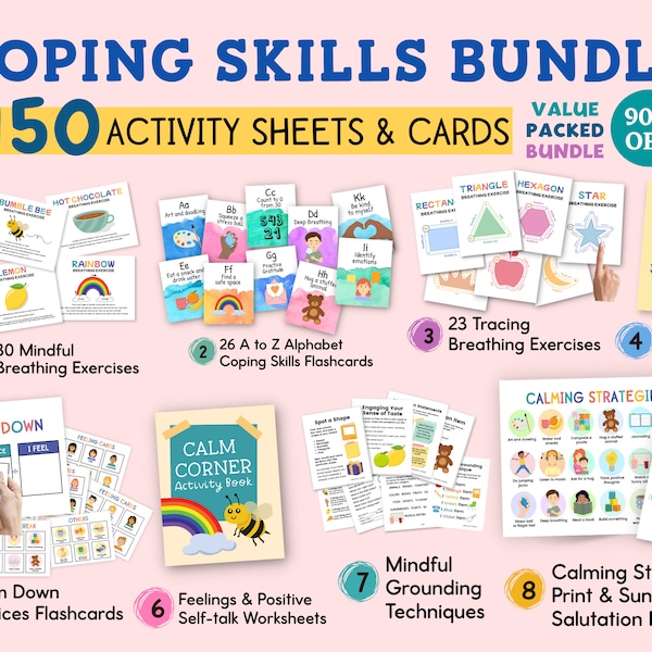 Anxiety Coping Skills Cards Mindful Breathing Exercises for Kids Calming Down Strategies Corner Mindfulness Poster Therapy Bundle Toolbox