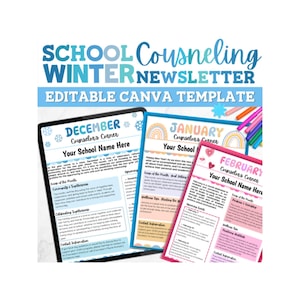 Plantilla editable para boletín informativo del consejero escolar de invierno Volante de asesoramiento para padres Carta de presentación de regreso a la escuela Póster de roles Decoración Letreros