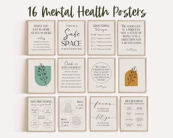 May include: Set of 16 printable mental health posters with various quotes and illustrations. The posters feature a beige background with black text and illustrations in green, brown, and yellow.