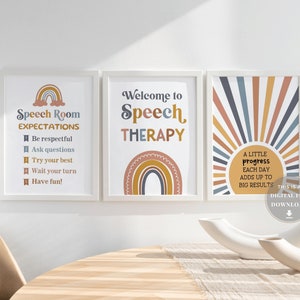K&ouml;nnte beinhalten: Drei druckbare Poster mit Regenbogen-Motiv f&uuml;r einen Sprachtherapieraum. Das erste Poster lautet "Speech Room Expectations" und listet f&uuml;nf Erwartungen auf. Das zweite Poster lautet "Welcome to Speech Therapy". Das dritte Poster lautet "A little progress each day adds up to big results".