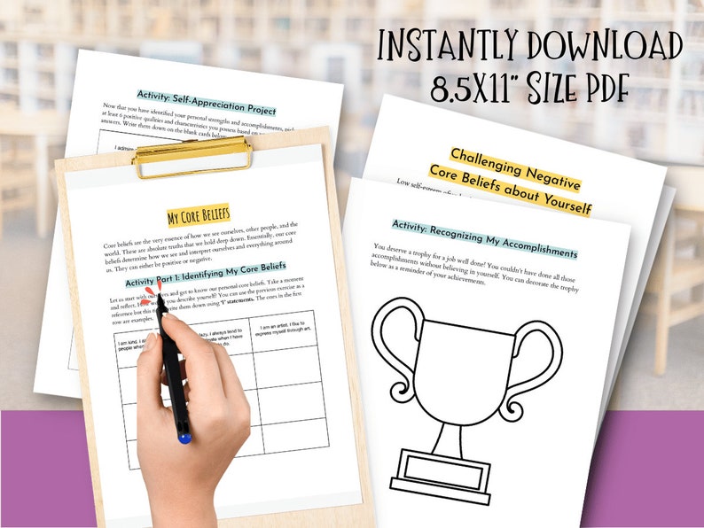 May include: A printable worksheet with the title "Activity: Self-Appreciation Project" and "My Core Beliefs". The worksheet includes a table with the heading "Activity Part 1: Identifying My Core Beliefs". The worksheet is designed to help people identify and challenge negative core beliefs about themselves.