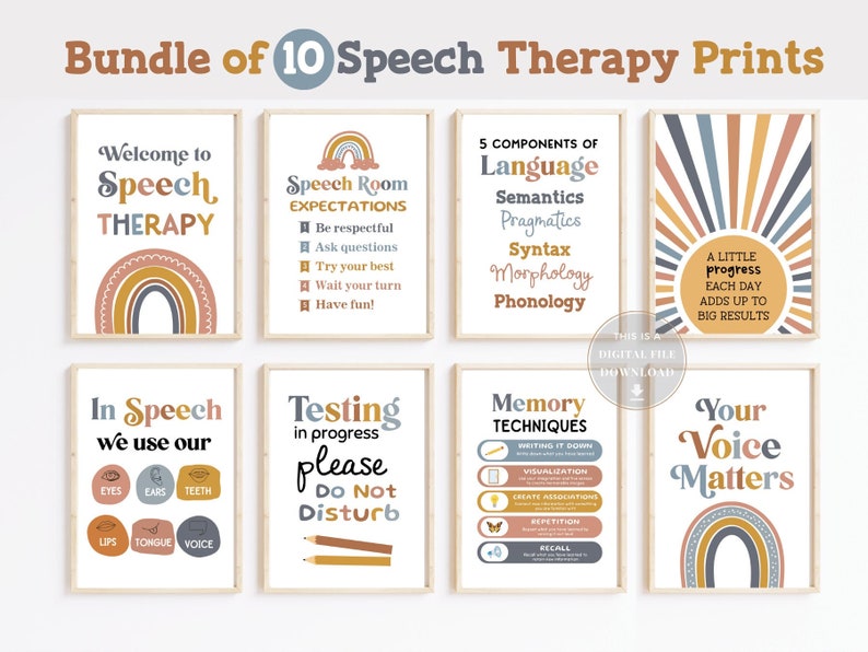 K&ouml;nnte beinhalten: Ein Satz von 10 druckbaren Postern f&uuml;r Sprachtherapie. Die Poster zeigen bunte Regenb&ouml;gen und Texte wie "Willkommen in der Sprachtherapie", "Erwartungen im Sprachraum", "5 Komponenten der Sprache", "Ein kleiner Fortschritt jeden Tag summiert sich zu gro&szlig;en Ergebnissen", "In der Sprache benutzen wir unsere", "Test l&auml;uft, bitte nicht st&ouml;ren", "Ged&auml;chtnistechniken" und "Deine Stimme z&auml;hlt".