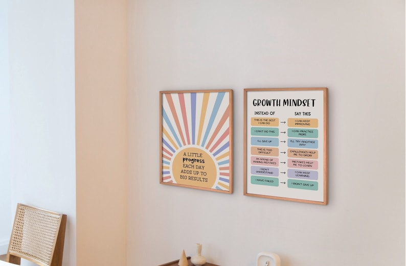 May include: Two motivational posters with a rainbow sunburst design. The first poster says "A little progress each day adds up to big results". The second poster says "Growth Mindset" and lists phrases to replace negative self-talk with positive affirmations.