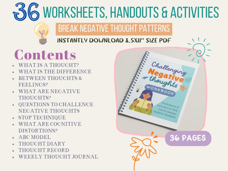 May include: A pink and green illustrated workbook titled "Challenging Negative Thoughts Workbook". The cover features a cartoon woman reading a book. The workbook is 8.5 inches by 11 inches and has 36 pages. The text "Worksheets & exercises to help you to manage negative thoughts" is on the cover. The text "36 PAGES" is in a purple box.