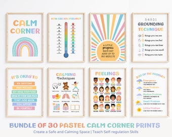 30 Calm Down Corner Posters Sign Kit Calming Decor Print Counselor Office Art Printable Kids Classroom Wall Preschool Toddler Homeschool Set