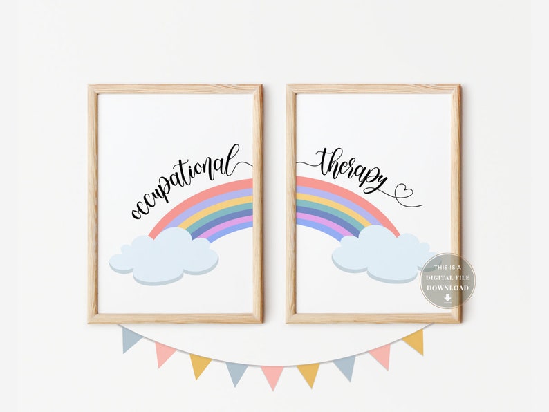 May include: Two framed prints with a rainbow and clouds. The text on the prints reads "occupational therapy" with a heart.