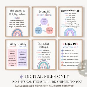 May include: Set of six printable posters with rainbow designs and text about calming strategies, deep breathing, grounding techniques, and checking in with yourself. The posters are in pink, blue, and purple colours.