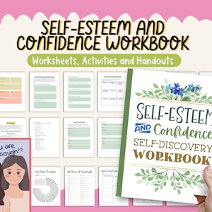 May include: A self-esteem and confidence workbook with the title "Self-Esteem and Confidence Workbook" and the subtitle "Worksheets, Activities and Handouts". The cover features floral designs and the words "Self-Esteem and Confidence Self-Discovery Workbook". Also shown are worksheets and a mirror with the text "You are enough!"