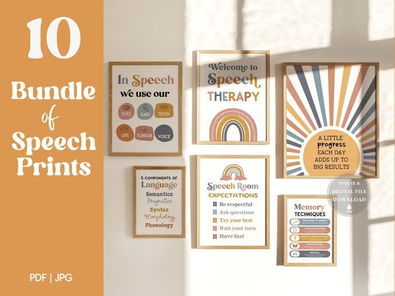 K&ouml;nnte beinhalten: Ein Satz von 10 druckbaren Postern f&uuml;r die Sprachtherapie. Die Poster zeigen ein Regenbogen-Thema mit einer Vielzahl von sprachtherapeutischen Themen, darunter "In der Sprache benutzen wir unsere", "Willkommen in der Sprachtherapie", "Erwartungen an den Sprachraum", "5 Komponenten der Sprache", "Ein kleiner Fortschritt jeden Tag summiert sich zu gro&szlig;en Ergebnissen" und "Ged&auml;chtnistechniken".