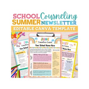 Plantilla de boletín informativo de orientación escolar de verano Carta editable para el consejero Letreros decorativos para padres Puertas abiertas Tablón de anuncios imprimible para la vuelta al cole
