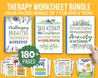 Pode incluir: Um pacote de 7 cadernos de trabalho de terapia para crianças e adolescentes, com capas coloridas com designs florais. Os cadernos abordam temas como desafiar pensamentos negativos, autoestima e confiança em si mesmo, e superar e controlar a ansiedade. O pacote inclui mais de 180 páginas de atividades e exercícios.